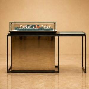 Matte Gold Watch Case Flip Down Triple Shelf Island Cabinet - Sunzen