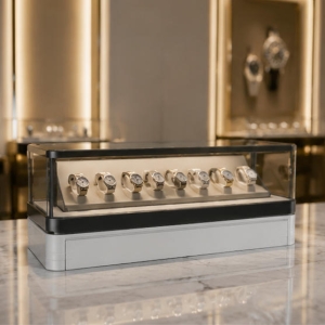 Grey Watch Showcase | Vertical Low Slide Front Timepiece Display Cabinet - Sunzen 4 Matte grey slide front watch showcase vertical timepiece rack low glass cabinet