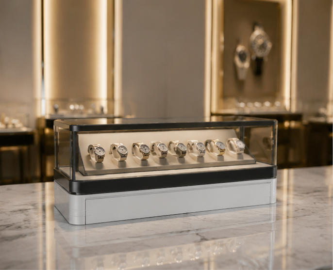 Matte grey slide front watch showcase vertical timepiece rack low glass cabinet