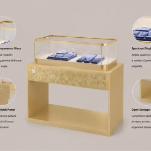 Golden Marble Jewelry Stand | Hollow Frame Rectangular Glass Display Cabinet - Sunzen 5 Structure diagram of hollow frame open base golden marble jewelry stand with rectangular glass ring tray