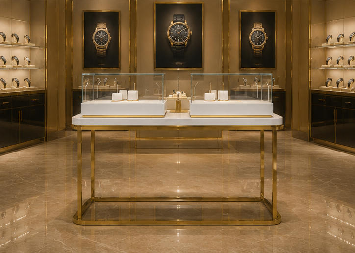 On-site installation of titanium low profile watch counter inside horology boutique