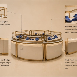 Circular Jewelry Display Island | Multi-Tier Luxury Showcase - Sunzen 3 key features diagram of multi-tier luxury jewelry showcase with modular design