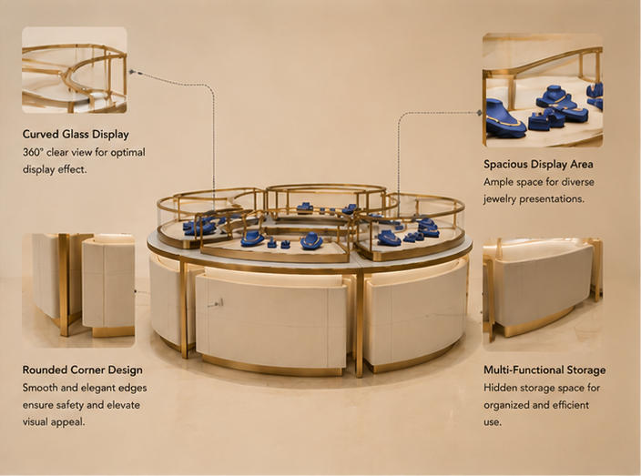 key features diagram of multi-tier luxury jewelry showcase with modular design