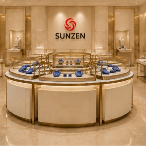Circular Jewelry Display Island | Multi-Tier Luxury Showcase - Sunzen 5 circular jewelry display island applied in a luxury jewelry boutique