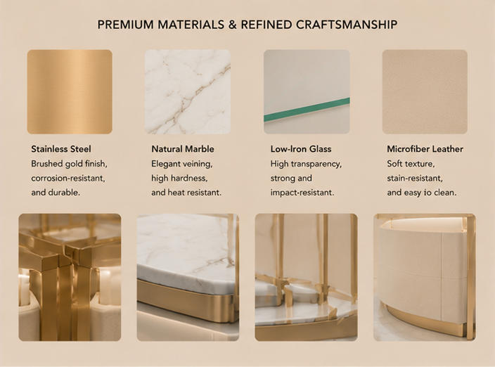 close-up of materials for gold frame jewelry display counter, metal frame and marble details
