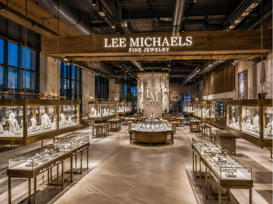 Brass Suspended Jewelry Cabinets | Lee Michaels Fine Jewelry Texas