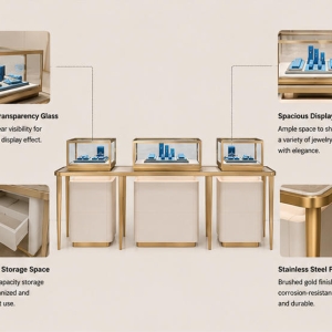 Triple Jewelry Display Table | Linear Gold Frame Showcase - Sunzen 5 Features diagram of multi-case jewelry retail station with symmetrical display layout