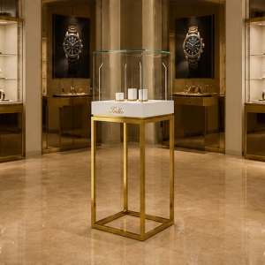 Real shot bronze timepiece cabinet on boutique sales counter