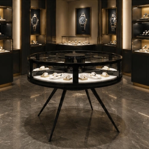 Aluminum Watch Case | Tiered Lockable Narrow Boutique Vitrine Stand - Sunzen 3 On-site installation of aluminum tiered vitrine inside mall watch boutique