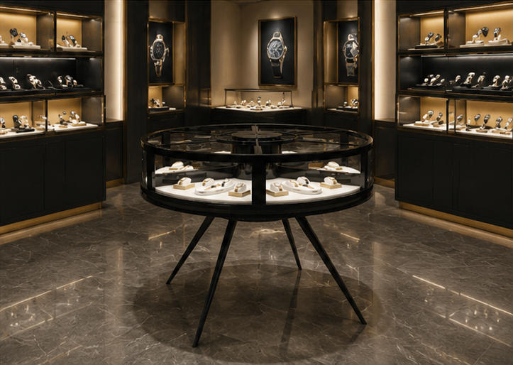On-site installation of aluminum tiered vitrine inside mall watch boutique
