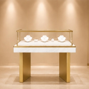 Marble Band Jewelry Table | Flat Gold Leg Rectangular Glass Showcase - Sunzen 2 Marble front jewelry table with two flat gold plinths and top rectangular glass cabinet