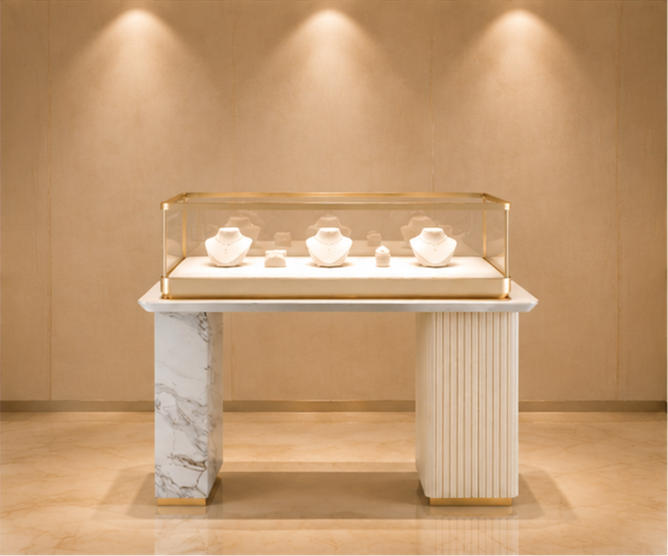 Mixed pillar jewelry table marble ribbed dual-side gold trim glass cabinet