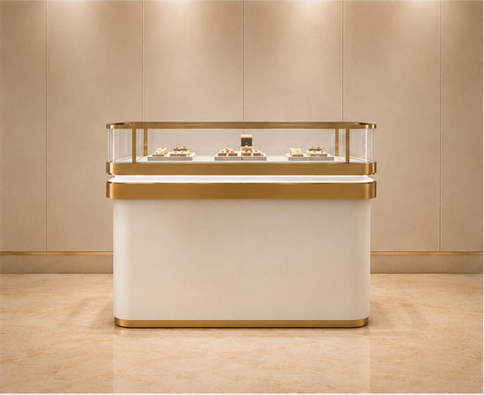 Modular jewelry combination cabinet, full view of multi-unit freestanding jewelry retail unit