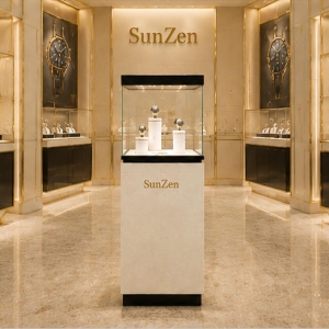 Real installation silver oak watch unit on luxury boutique sales counter