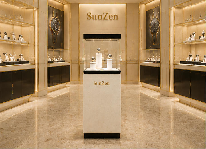 Real installation silver oak watch unit on luxury boutique sales counter