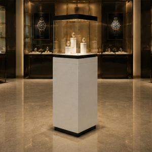 Real installation silver oak watch unit on luxury boutique sales counter