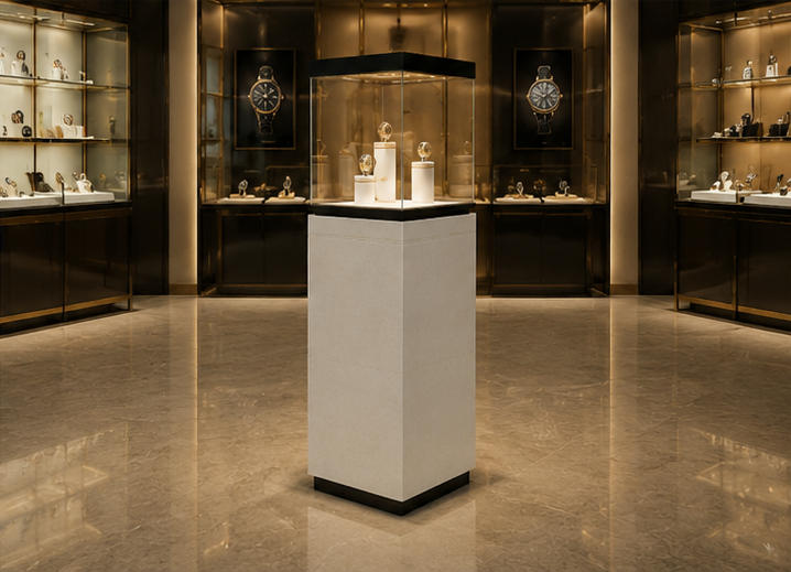 Real installation silver oak watch unit on luxury boutique sales counter