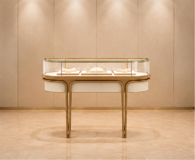 Oval jewelry table with arch leg and curved glass