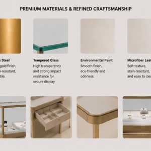 Double Tabletop Jewelry Case | Paired Gold Display Cabinet - Sunzen 5 Close-up thin gold legs, paired alloy frame & tempered glass of dual jewelry fixture