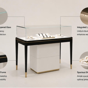 Carbon Watch Cabinet | Single Tier Pull-Out Counter Vitrine - Sunzen 5 Feature diagram carbon frame single tier pull-out watch tray vitrine unit