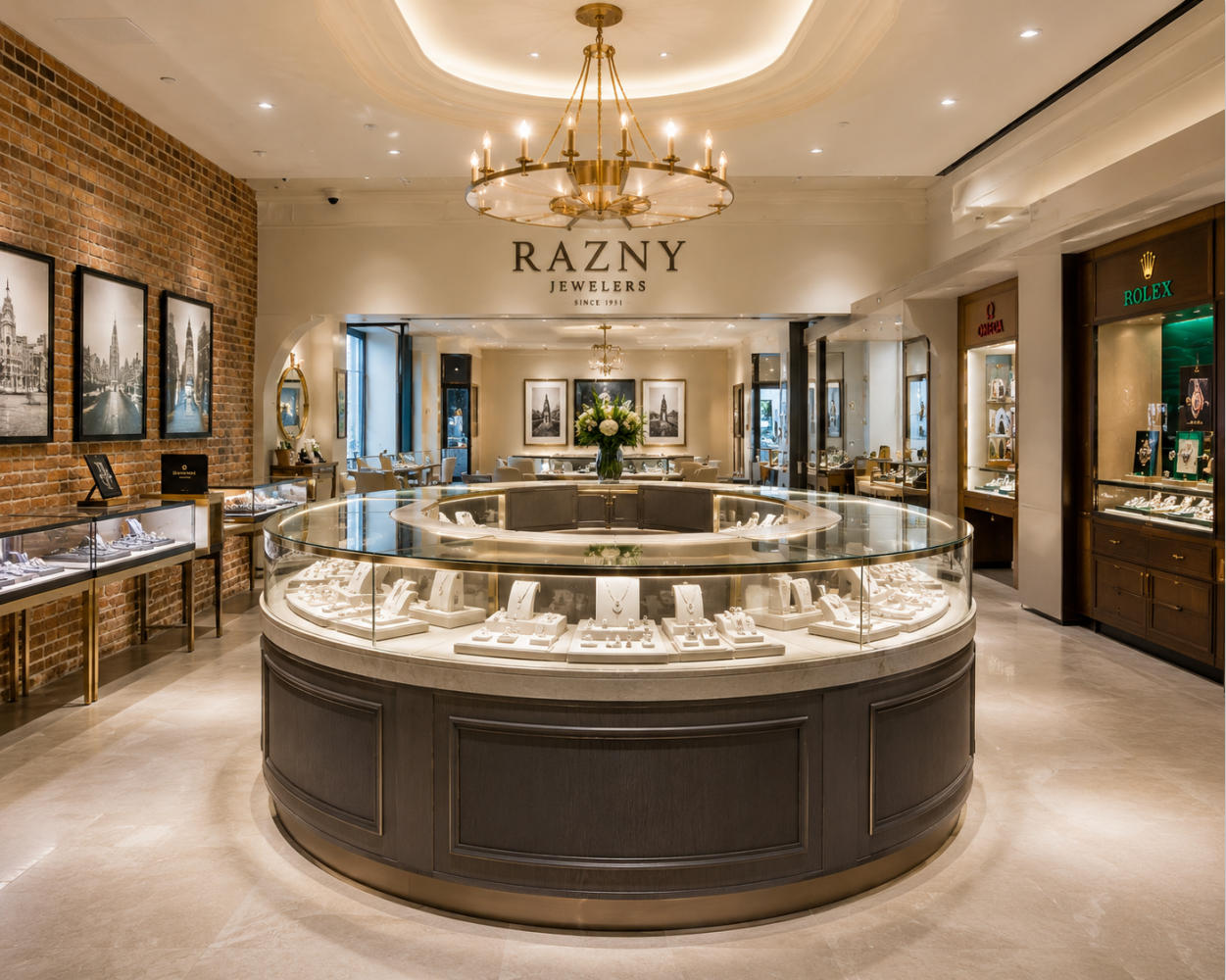Oval Jewelry Display Counter & Family Luxury Jewelry Showcases | Razny Jewelers Chicago
