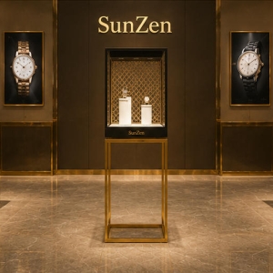 Walnut Watch Cabinet | Sliding Glass Under-Counter Vitrine - Sunzen 4 Real installation walnut watch cabinet under sales counter in watch boutique
