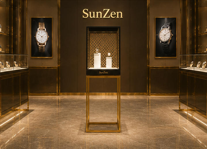 Real installation walnut watch cabinet under sales counter in watch boutique