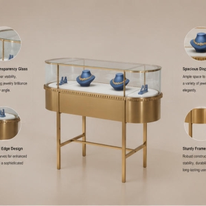 Structure diagram of cross bar leg oval glass bangle display fixture with scallop decorative trim