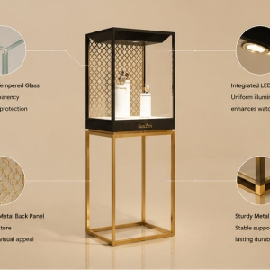Walnut Watch Cabinet | Sliding Glass Under-Counter Vitrine - Sunzen 5 Structure of sliding glass walnut watch cabinet with under counter storage rack