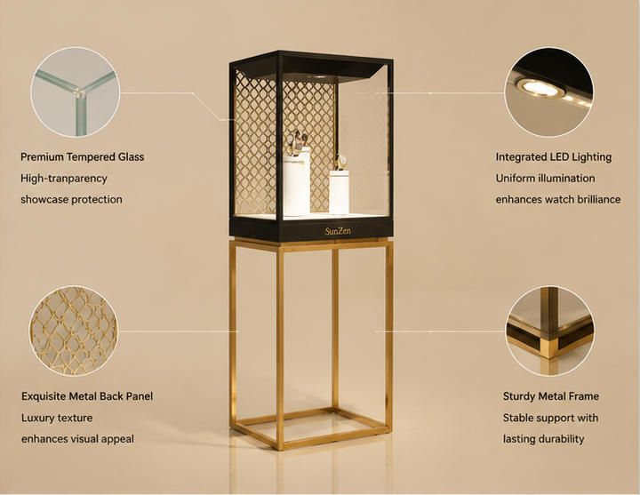 Structure of sliding glass walnut watch cabinet with under counter storage rack