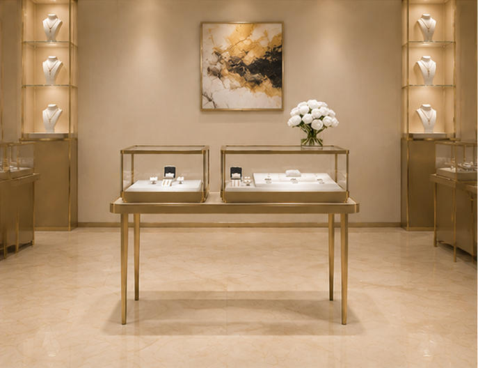 Two-unit paired jewelry display set arranged inside minimalist jewelry boutique