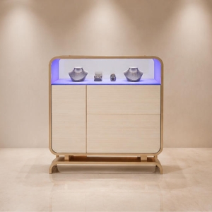 Compact square wood jewelry cabinet arched curved leg base dual side light glass pendant tray split storage doors