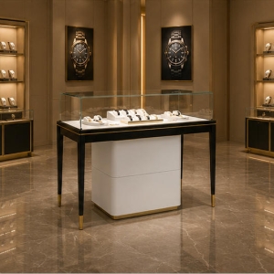 Carbon Watch Cabinet | Single Tier Pull-Out Counter Vitrine - Sunzen 3 Real shot carbon slim timepiece unit placed on boutique sales counter