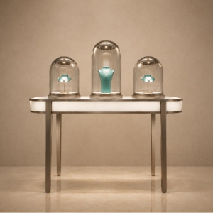 Dome Glass Jewelry Table | Rose Gold Thin Leg Oval Top Display Counter - Sunzen 2 Oval top dome glass jewelry table with four slim rose gold thin legs three dome covers