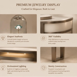 Dome Glass Jewelry Table | Rose Gold Thin Leg Oval Top Display Counter - Sunzen 5 Structure diagram of oval top four-leg three dome glass pendant display fixture