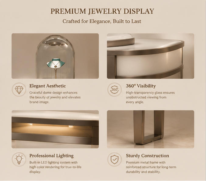 Structure diagram of oval top four-leg three dome glass pendant display fixture