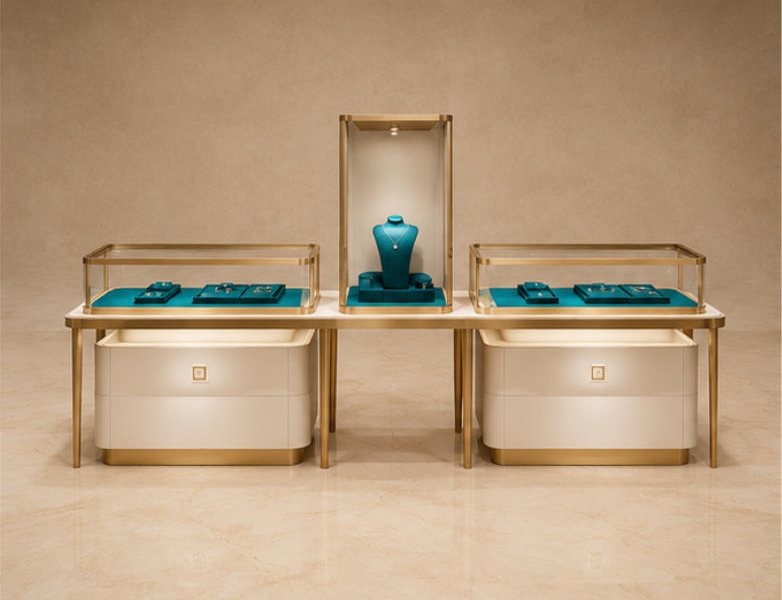 Complete tiered jewelry display set with central pedestal showcase and side counters