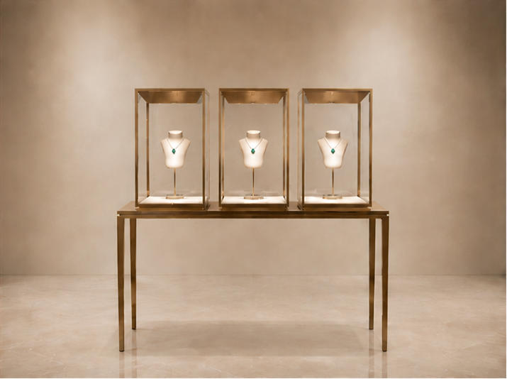 Long top triple cube glass jewelry stand with four thin gold alloy legs