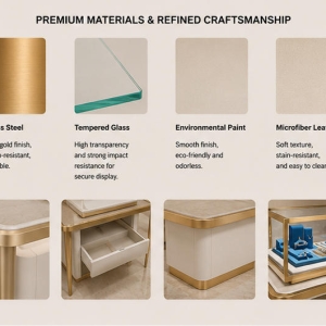 Triple Jewelry Display Table | Linear Gold Frame Showcase - Sunzen 4 Close-up of gold frame, glass cases, and base materials for triple jewelry display table