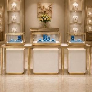 Triple Jewelry Display Table | Linear Gold Frame Showcase - Sunzen 3 Triple jewelry display table applied in a luxury jewelry boutique