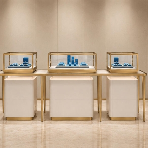 Triple Jewelry Display Table | Linear Gold Frame Showcase - Sunzen 2 Triple Jewelry Display Table | Linear Gold Frame Showcase - Sunzen