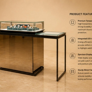 Structure diagram flip down glass triple shelf matte gold horology island rack