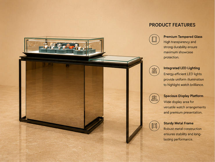 Structure diagram flip down glass triple shelf matte gold horology island rack