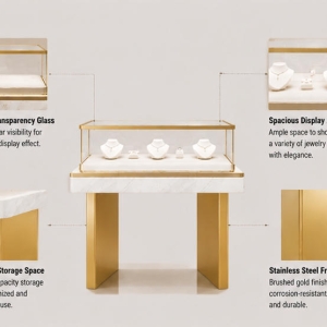 Marble Band Jewelry Table | Flat Gold Leg Rectangular Glass Showcase - Sunzen 5 Structure diagram of two-plinth flat leg necklace display fixture with enclosed glass compartment
