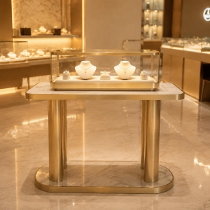 Double Tier Jewelry Stand | Gold Pillar Marble Base Showcase - Sunzen 3 Double tier marble base gold stand placed inside light luxury jewelry shop
