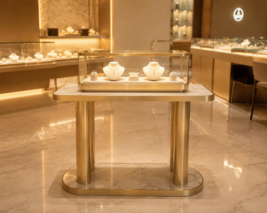 Double tier marble base gold stand placed inside light luxury jewelry shop