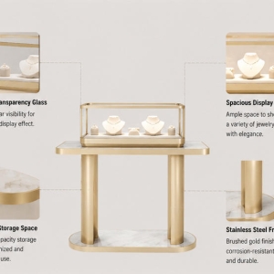 Double Tier Jewelry Stand | Gold Pillar Marble Base Showcase - Sunzen 5 Function diagram double tier marble base pendant jewelry fixture