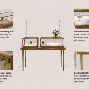 Double Tabletop Jewelry Case | Paired Gold Display Cabinet - Sunzen 6 Functional diagram of twin thin leg two-unit retail jewelry set with split layout