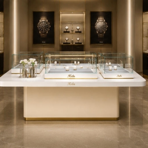 Ceramic Watch Stand | Curved Wall Mount Lock Vitrine - Sunzen 3 On-site wall mounted ceramic vitrine inside luxury watch boutique