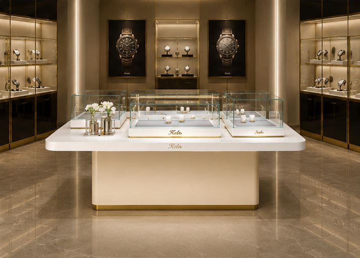 On-site wall mounted ceramic vitrine inside luxury watch boutique